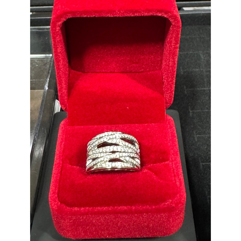 Sparkling Crystal Pave Wide Band Statement Ring Silver Tone Fashion Jewelry Sz 7